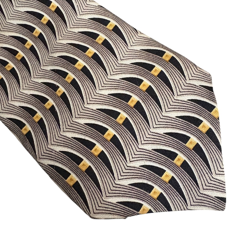 Enrico Guccini 100% Silk Men's Tie Geometric Art Deco Black Gold Pattern‎